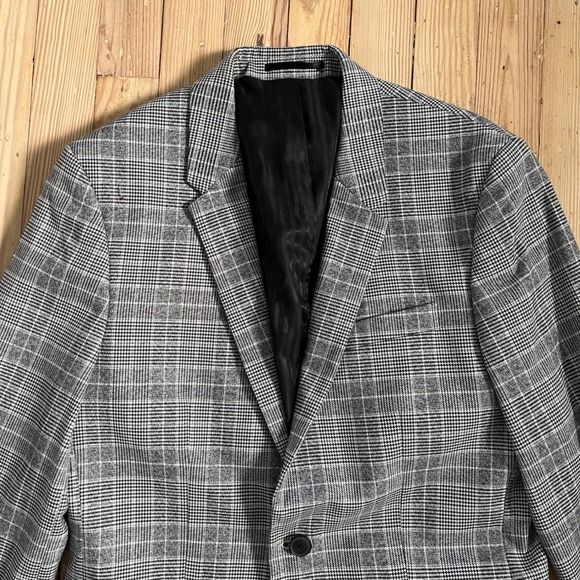 Topman Mens Gray Plaid Slim Fit Blazer Jacket 38R One Button Black‎ White Gray - Picture 3 of 9
